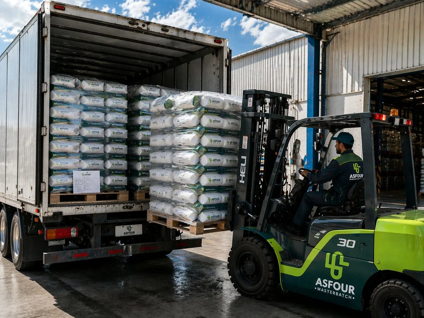 Forklift loading pallets into a truck at the factory
