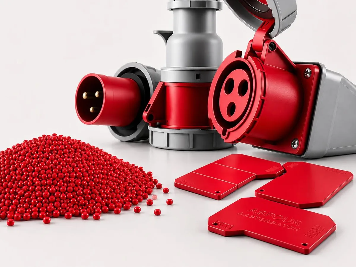 Red electrical socket next to matching red masterbatch